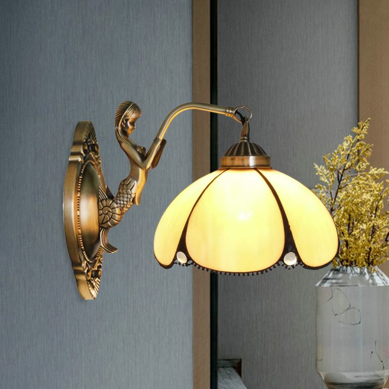 Flower Wall Lighting Fixture Mediterranean Beige Glass 1/2-Light Bronze Wall Light Sconce with Mermaid Arm for Bathroom