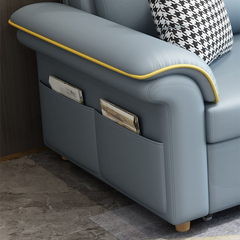 Blue Faux Leather Sleeper Sofa with Storage Scandinavian Sofa Bed