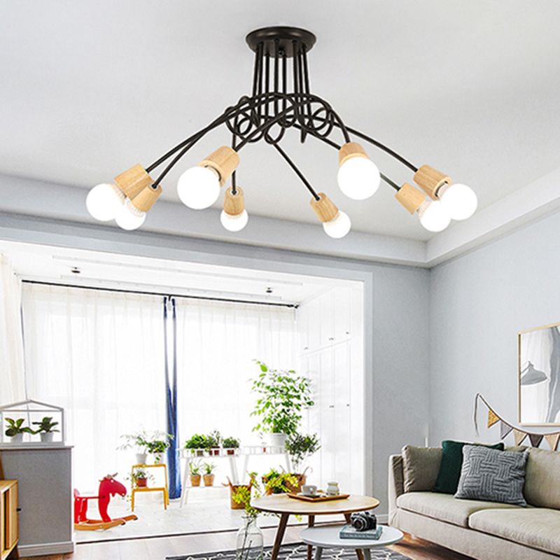 Metal Open Bulb Ceiling Light Fixture with Twisted Arm Loft Style 3/5 Lights Kitchen Semi Flush Pendentif Light in Wood