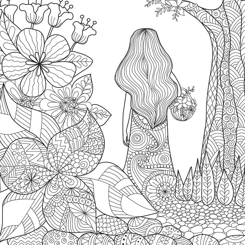 Art Deco Blossoming Wall Mural Black and White Stain-Proof Wall Covering for Girls Room