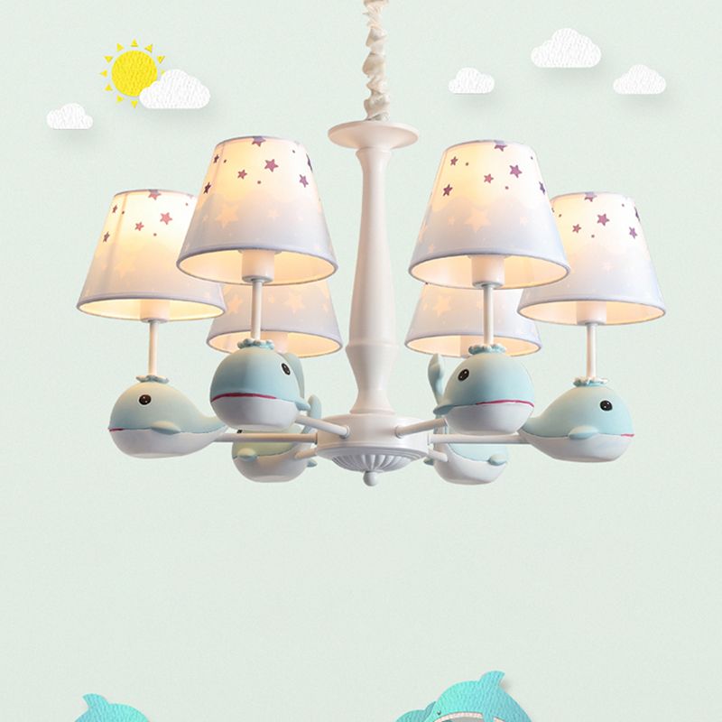 Star Patterned Fabric Chandelier Pendant Light Childrens Light Blue Hanging Light with Resin Dolphin