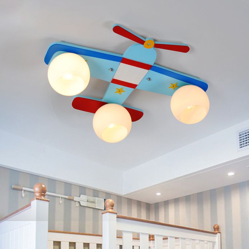 Cartoon Shape Wooden Ceiling Mounted Lamp Kids Style Blue Semi Flush Mount Lighting for Nursery