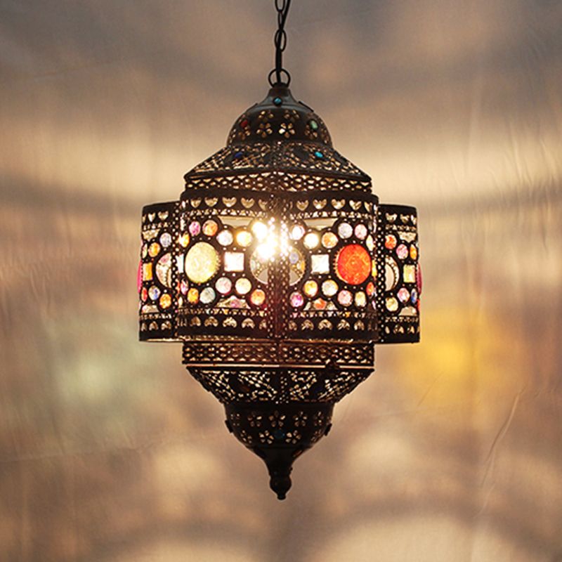 Lantern Metal Hanging Pendant Light Decorative 1 Head Restaurant Suspension Lamp in Red/Rust