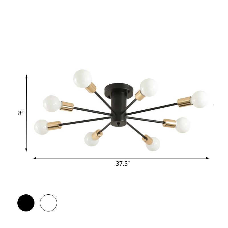 6/8 Heads Bare Bulb Semi Flush Mount Light Vintage Style Black/White Metallic Ceiling Light Fixture for Kitchen