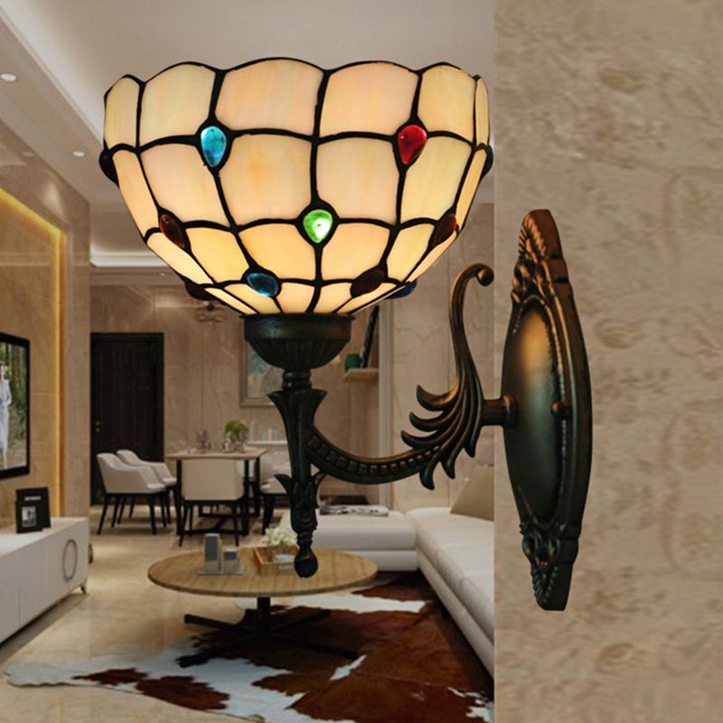 Flower/Bowl Wall Mount Light Fixture Tiffany Beige/Yellow Glass 1-Bulb Bronze Finish Wall Sconce Light