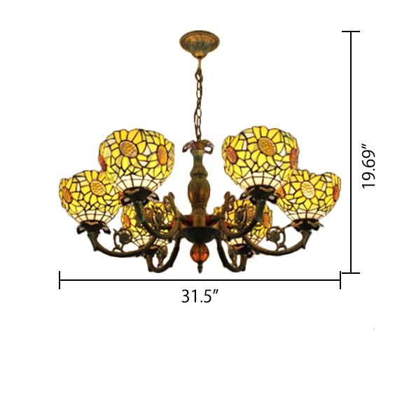 6 Lights Sunflower Hanging Light Tiffany Style Stained Glass Chandelier Lighting for Bedroom