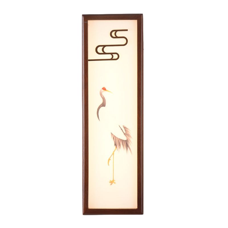 LED Bedside Wall Mounted Light Oriental Style Brown Crane Patterned Wall Mural Lamp with Rectangle Wood Frame
