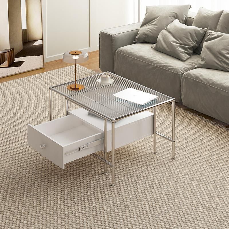 Modern 2 Nesting Glass Coffee Table Set Steel 4 Legs 1 - Drawer Cocktail Table