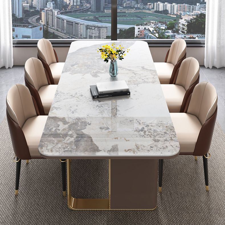 Modern Sintered Stone Table Set of 5/7 with Rectangle Table Dining Set with Gold Double Pedestal