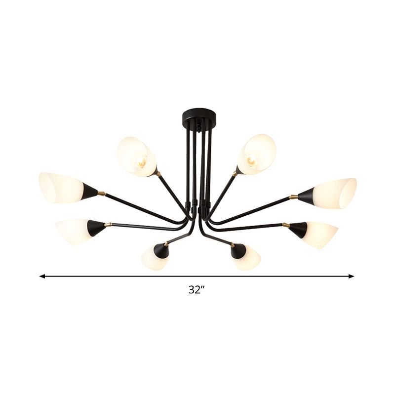 Modernism 4/6/8 Bulbs Ceiling Chandelier Black Flared Hanging Pendant Light with Milky Glass Shade