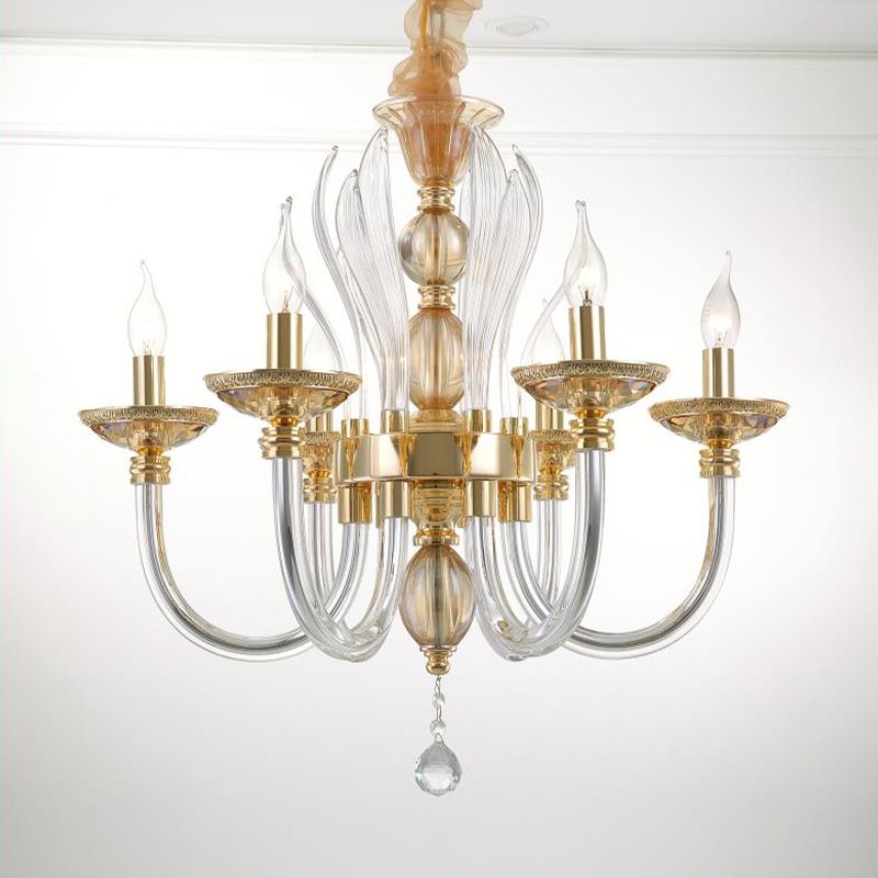 Golden Curved Chandelier Modern 6 Heads Clear Glass Ceiling Pendant Light with Crystal Drop