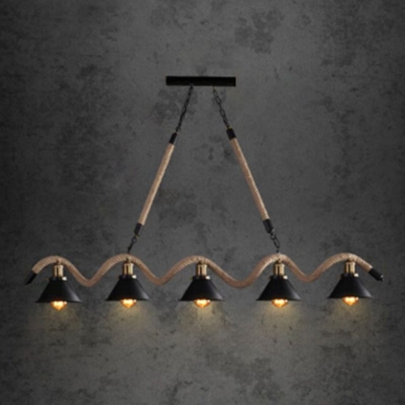 Rope Black Island Pendant Light Cone Antique Island Chandelier Light for Restaurant