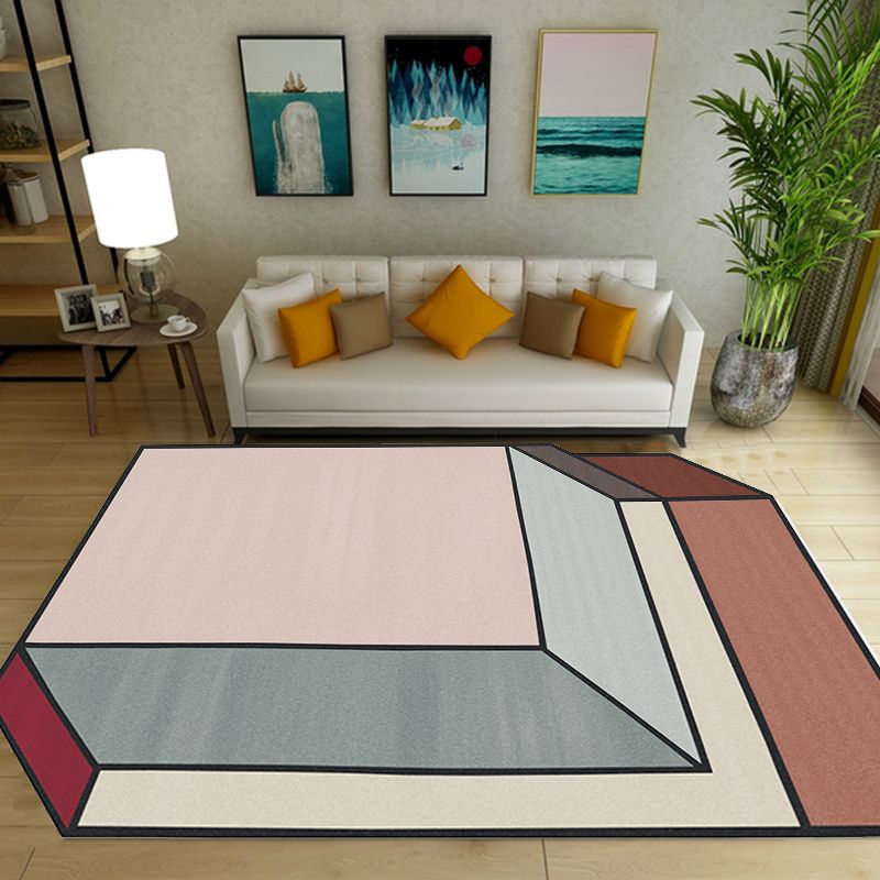 Novelty Living Room Irregular Rug Pink Color Block Cuboid Print Rug Polyester Stain-Resistant Area Rug