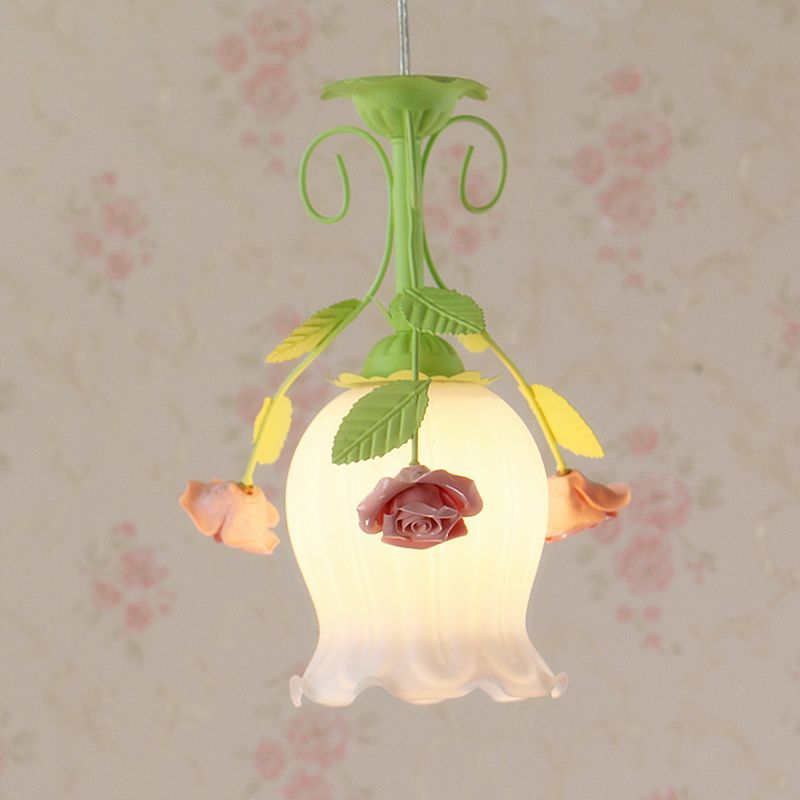 Pink 1 Head Hanging Ceiling Light Rural Opal Glass Scallop Suspension Pendant with Flowers Deco