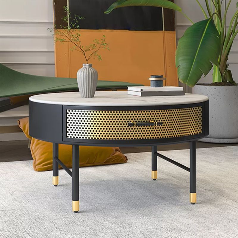 17.7" H Round Slate Coffee Table 4 Legs Cocktail Table with Drawer