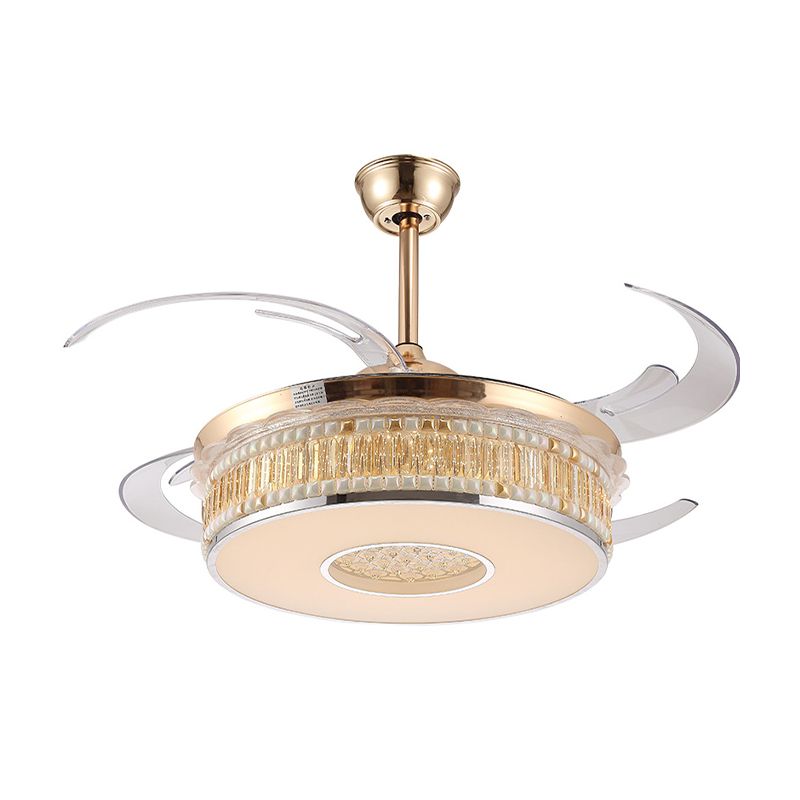 Concave Carved Semi Flush Light Contemporary Gold Finish LED Crystal Block Ceiling Light with Fan
