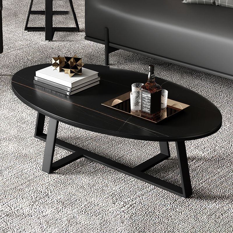 Glam Oval Top Coffee Table with Iron Cross Base and Stone Top
