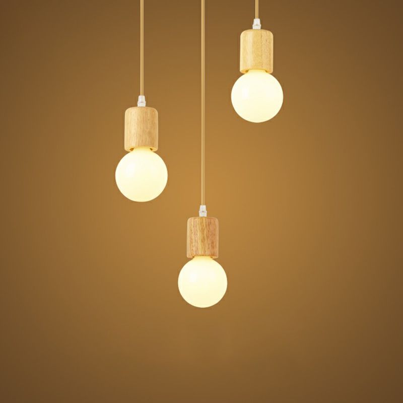 Houten kale lamp meerdere lamp hanger minimalistisch 3 koppen beige suspensie verlichting armatuur