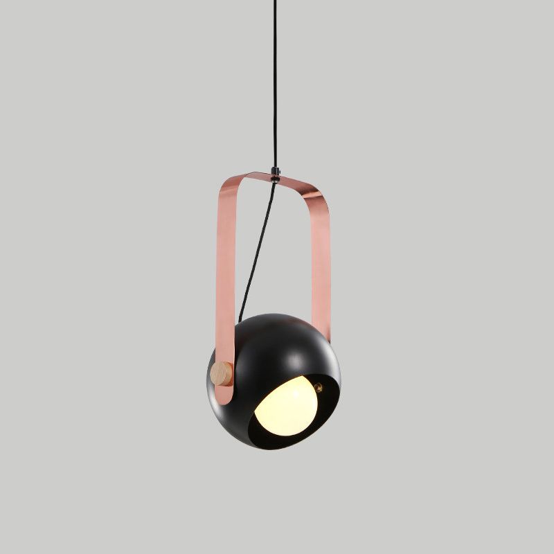 Black Dome Ceiling Pendant Light Modern Nordic Style 1 Head Metal Hanging Lamp Kit with Pink Handle
