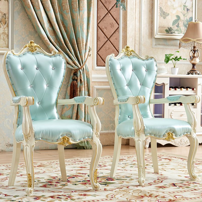 European Style Birch Leather Arm Chair Light Color Solid Back Dining Chair with White Legs