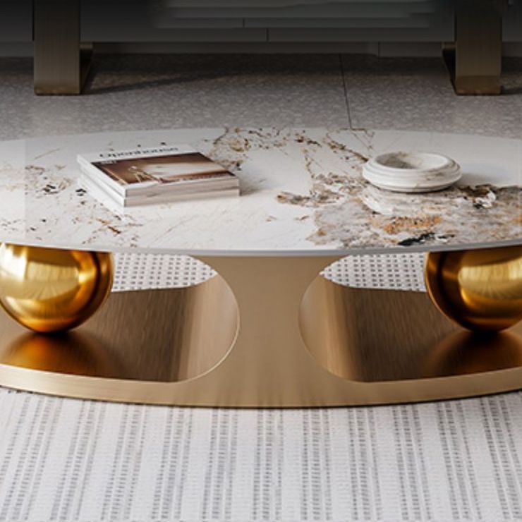 Glam Oval Stone Cocktail Table Single Beige Coffee Cocktail Table