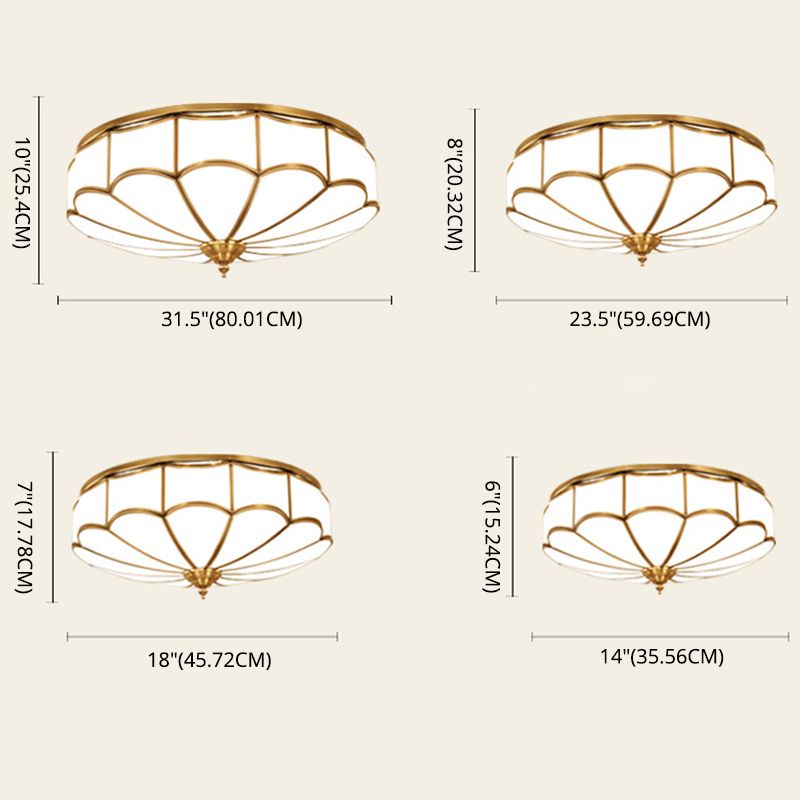 Flush Mount Ceiling Fixture Traditional Bedroom Flush Ceiling Light Fixture with Flower Glass Shade in Brass