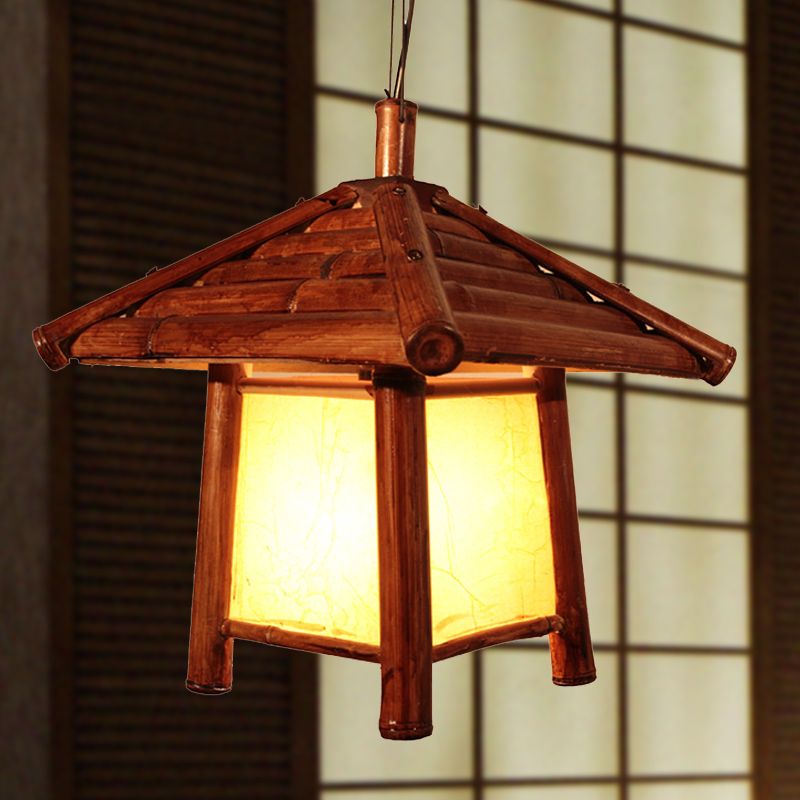 1 Bulb Restaurant Ceiling Light Asian Brown Pendant Lighting Fixture with Tower Wood Shade