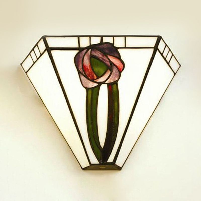 Craftsman Geometric Wall Lamp Stained Glass 1 Head Wall Mount Light with Flower Decoration for Living Room