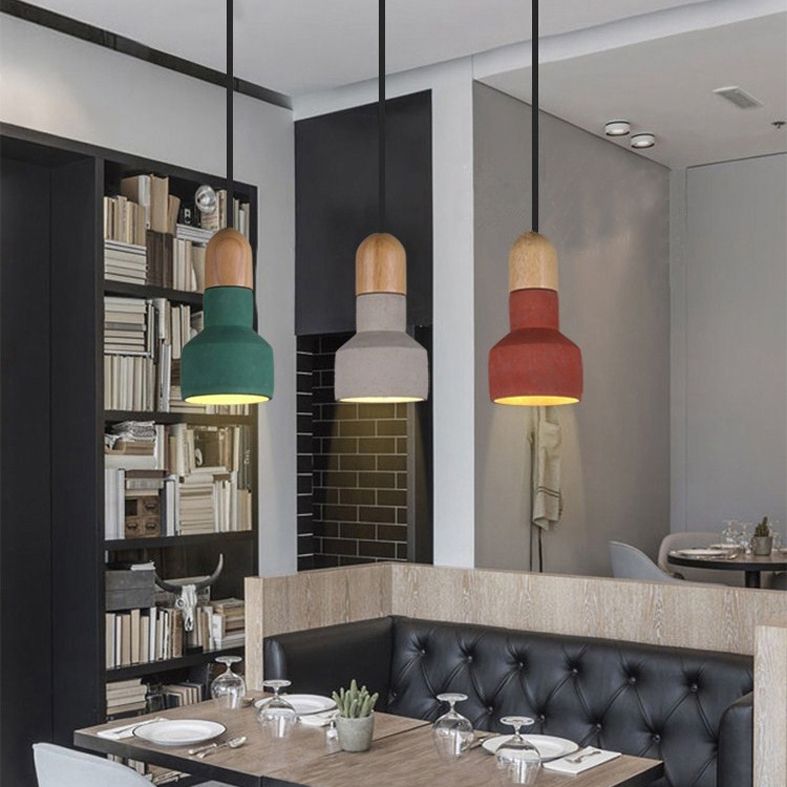 1-Light Creative Ciment Hanging Light Modern Simplicité Pendentif Pendant en bois pour les restaurants de bar