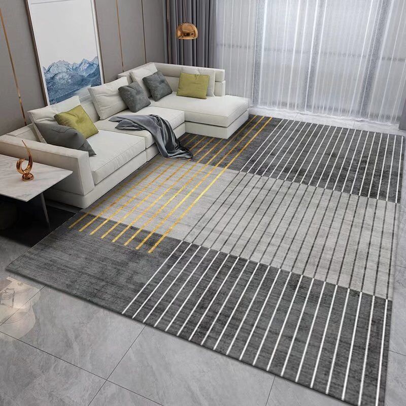Dark Gray Modern Rug Polyester Pinstripe Rug Stain Resistant Rug for Living Room
