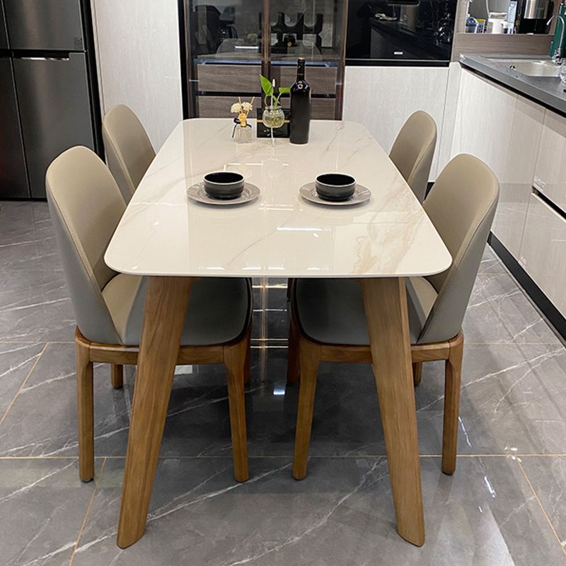 Modern Rectangle Dining Table Sintered Stone Dinner Table with Wooden Legs