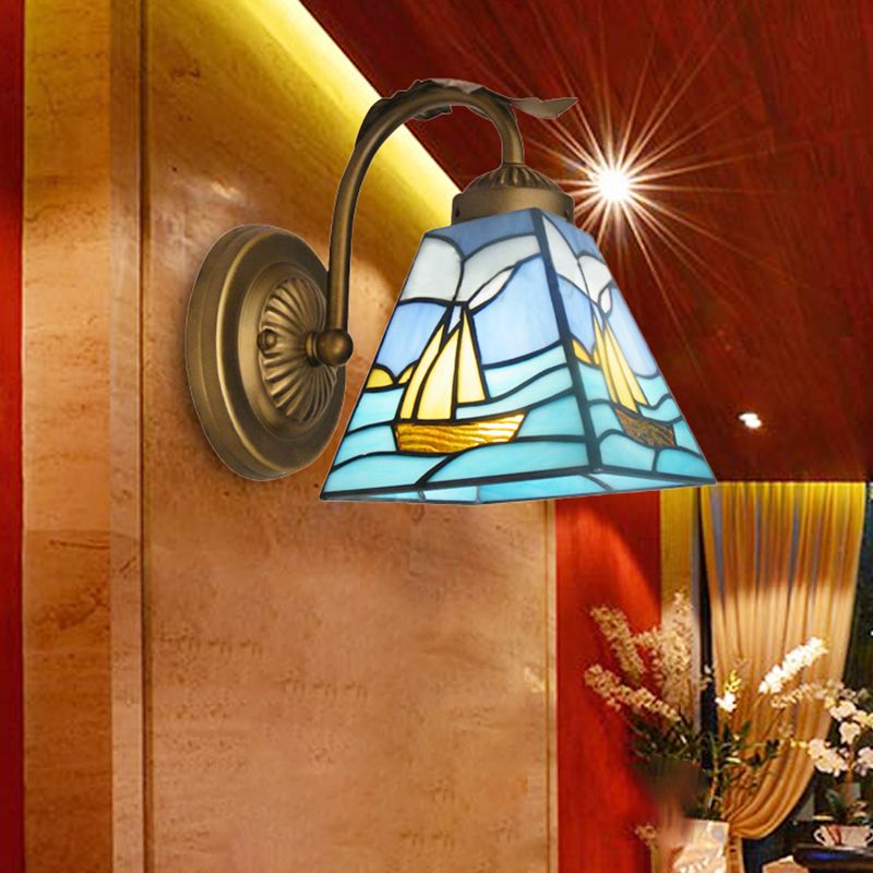 1 Light Sailboat Wall Sconce Light Nautical Stained Glass Wall Mount Light in Brass