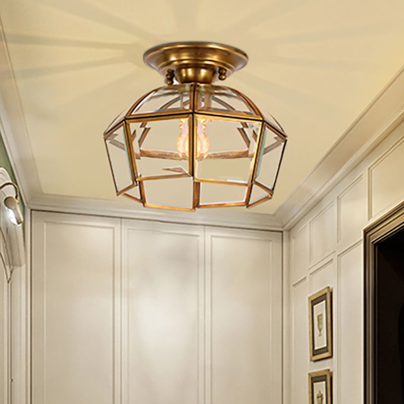 Colonialist Beveled Ceiling Mounted Light 1 Bulb Clear Glass Flush Mount Light Fixture in Brass