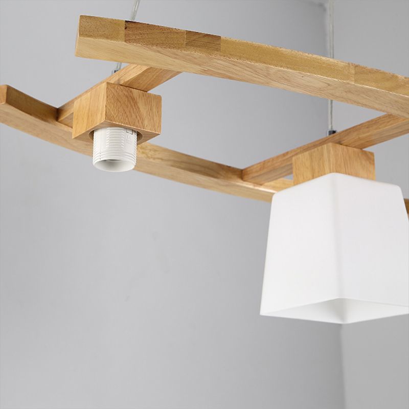 Trapezoid Dining Room Island Lamp Ivory Glass 3-Bulb Minimalist Suspension Pendant Light in Wood