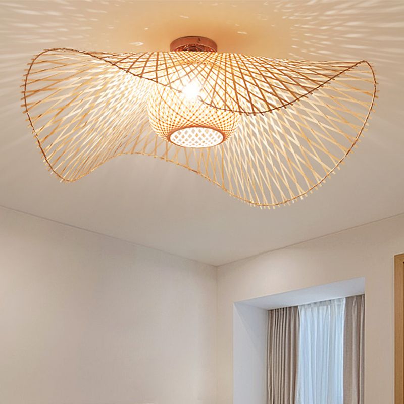 Montage semi-encastré japonais en bambou travaillé à la main, 1 ampoule, éclairage proche du plafond, beige