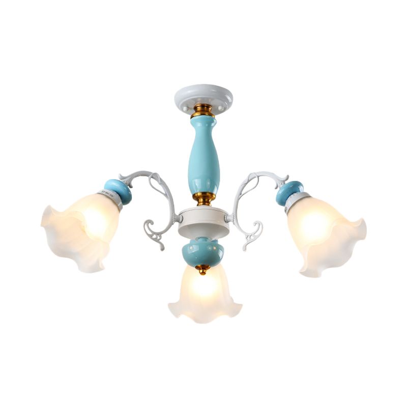Floral White Glass Semi-Flush Ceiling Light Traditional 3/5 Lights Bedroom Flush Mount Lamp in Light Blue