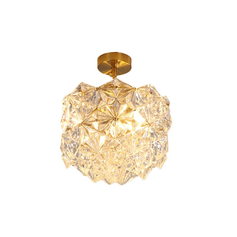 Gold Canopy 3 Bulbs Semi Flush Light Contemporary Hexagon-Shape Crystals Sphere Ceiling Mount