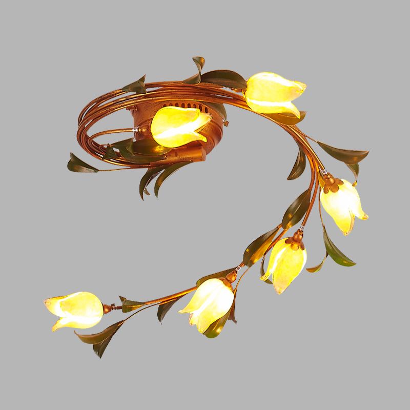 Messing 6 lichten semi-flush montage rustiek geel glazen draai plafond verlichtingsbeveiliging voor slaapkamer