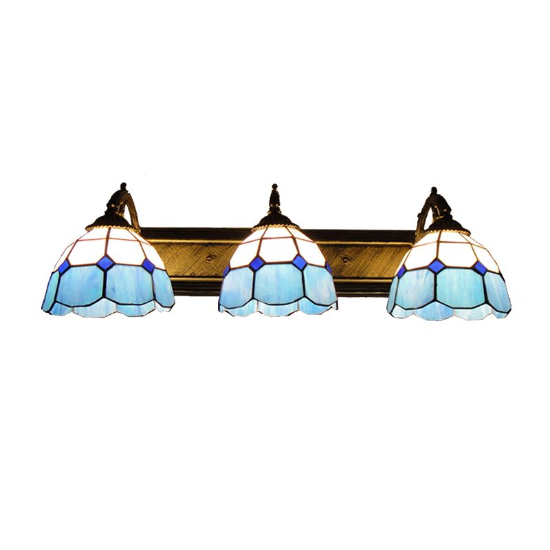 Mediterranean Dome Vanity Lighting Stained Glass 3 Lights Wall Sconce Light in Aged Brass
