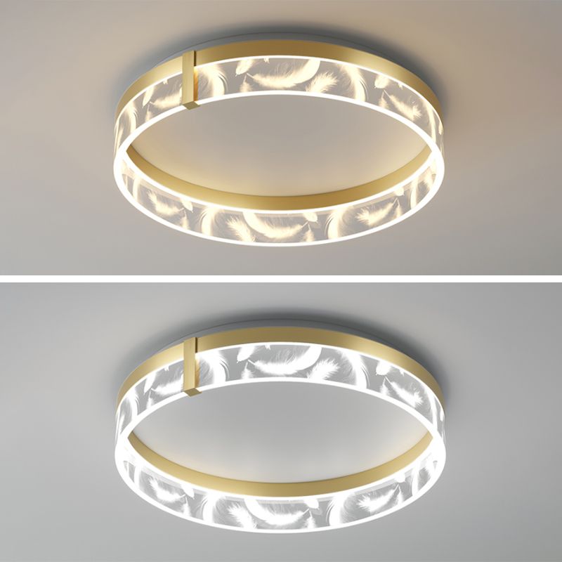 Circular Acrylic Feather LED Flush Mount in Modern Romantic Style Wrought Iron Ceiling Light for Dining Room