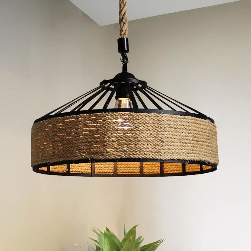 Barn Caged Dining Room Ceiling Pendant Rustic Rope 1-Light Brown Hanging Light Fixture, 12"/16"/19.5" Wide