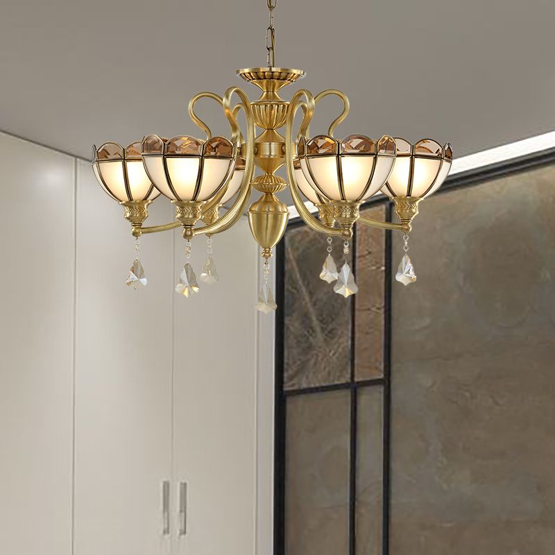 Bowl Frosted Glass Suspension Pendant Colonial 6 Bulbs Living Room Chandelier Lighting in Gold