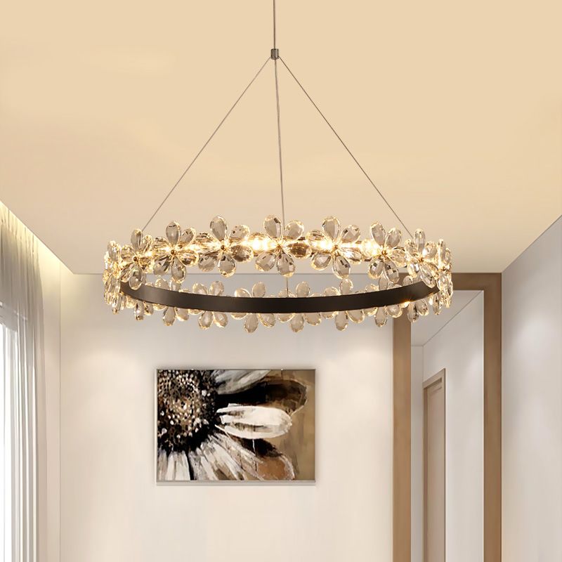 Ultra-modern Circle Hanging Chandelier Clear Crystal Hanging Lamp with Flower Decoration for Restaurant