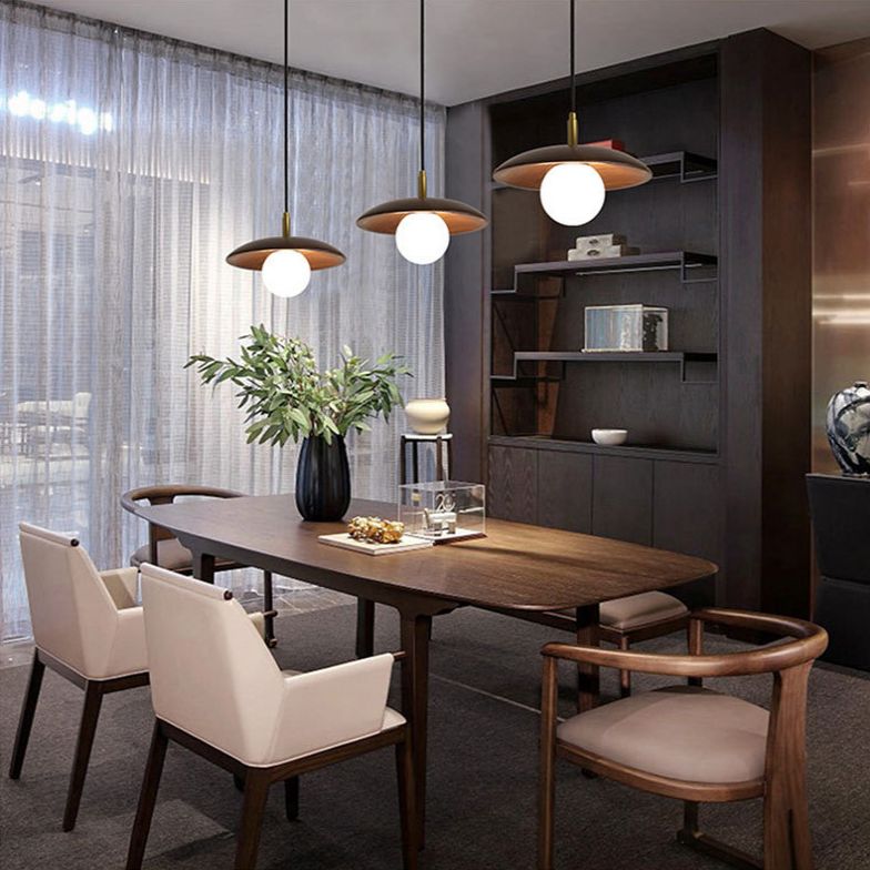 Dark Brown Saucer Pendant Lighting Simple 1-Light Wooden Ceiling Light with White Glass Shade