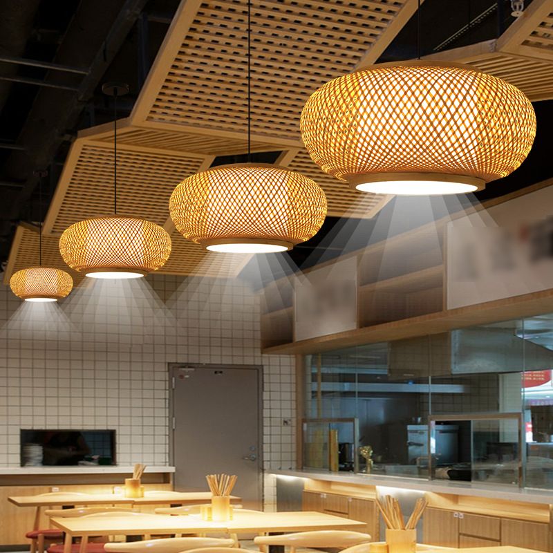 Brauner Drum Anhänger Licht im asiatischen kreativen Stil schmiedeeisere Hanglampe mit Bambuswebschatten