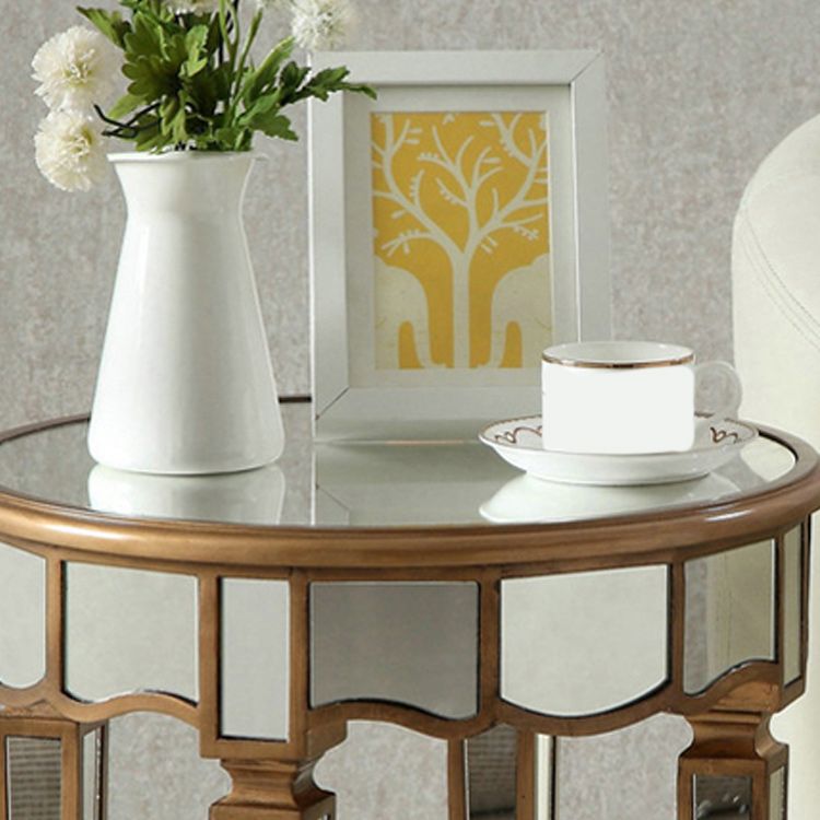 Round Glass Top Side End Table Modernistic Solid Wood 4 Legs End Table