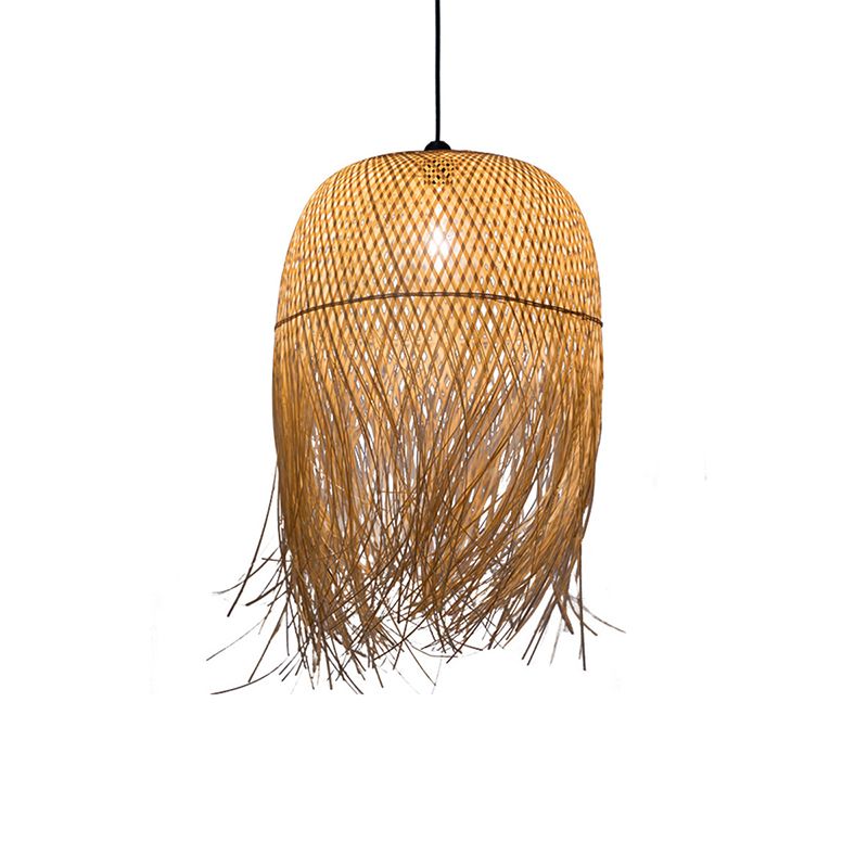 Bamboo Fringed Bell Ceiling Light Asian Style 1 Bulb Wood Hanging Lighting Fixture