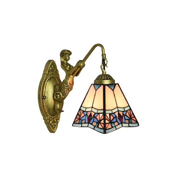 Beige Glass Trapezoid Sconce Light Fixture Tiffany 1 Head Wall Mounted Light for Living Room