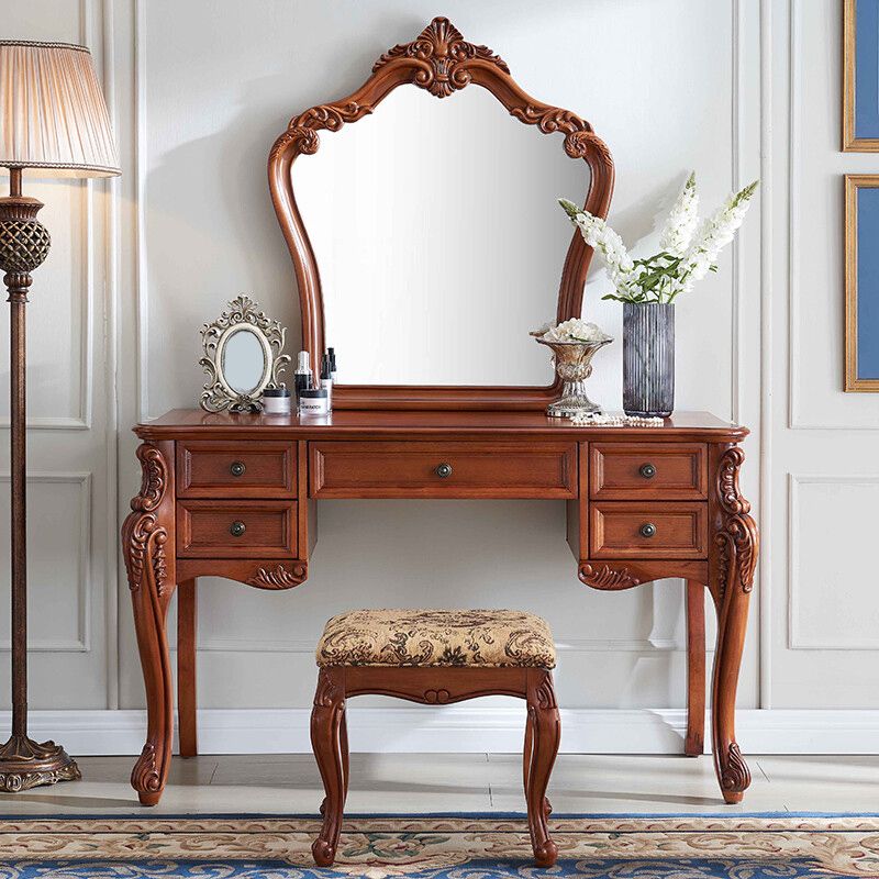 Solid Wood Brown Makeup Table Vanity with Drawers and Mirror
