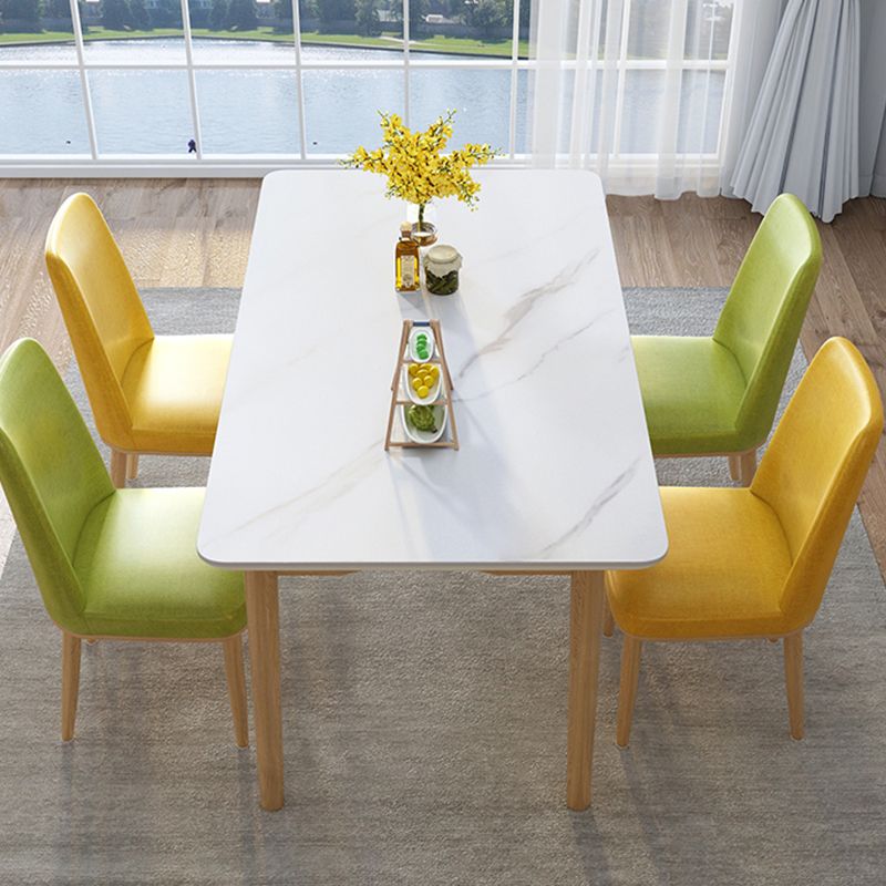Modern White Rectangular Stone Dining Table with 4 Wooden Foot